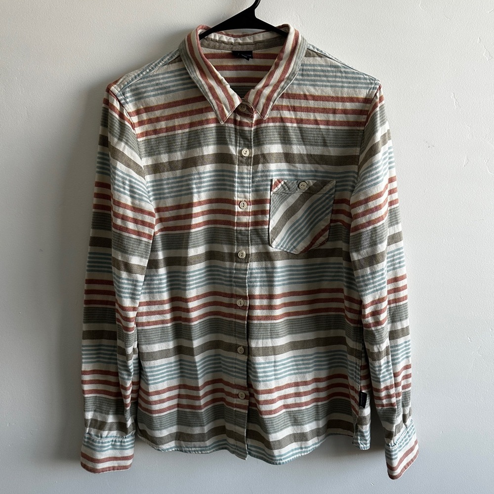 Patagonia Women’s Heywood Flannel Shirt Pinyon Stripe Toasted White Size 8 - Picture 1 of 6